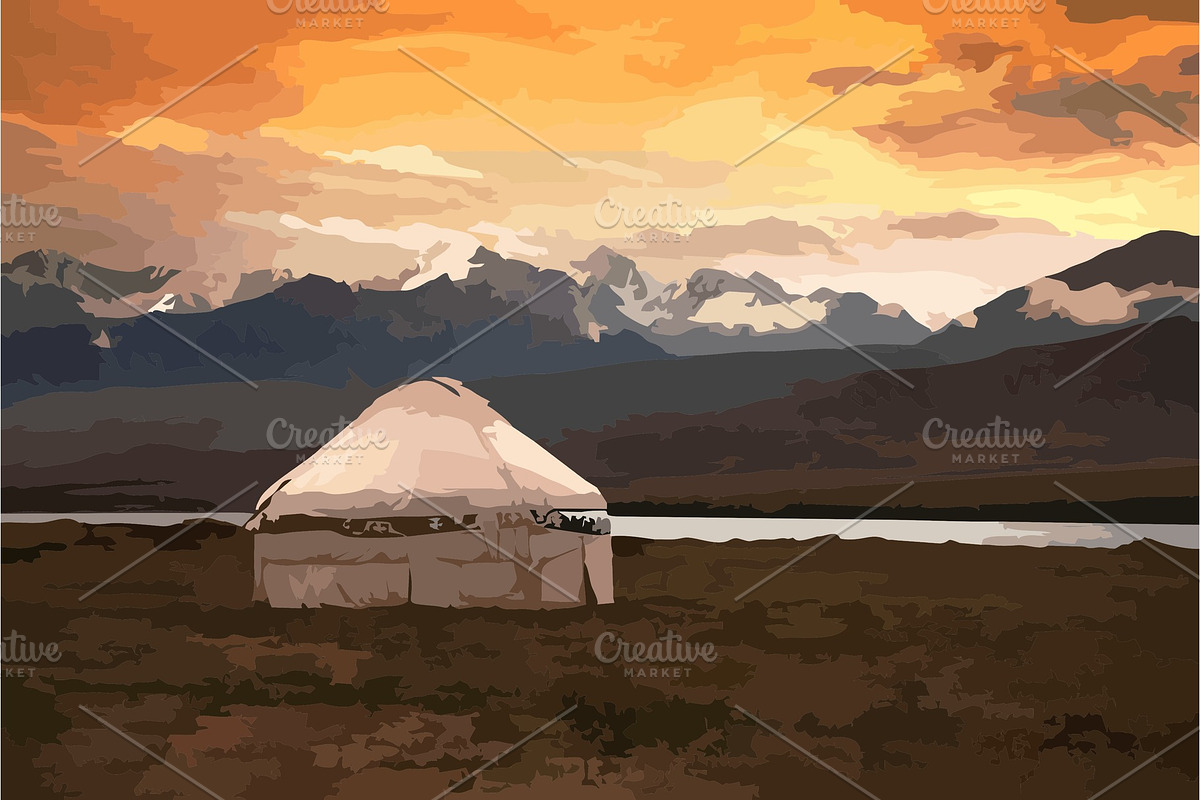 View of Mongolia. Yurts traditional in Illustrations - product preview 8