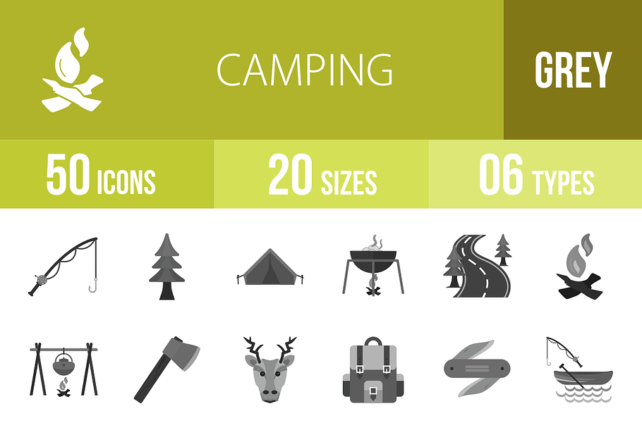 50 Camping Greyscale Icons in Graphics - product preview 8
