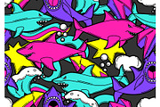 Seamless pattern with cartoon sharks