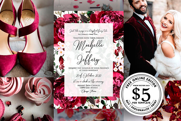 Wedding invite marsala peony rose in Wedding Templates - product preview 6