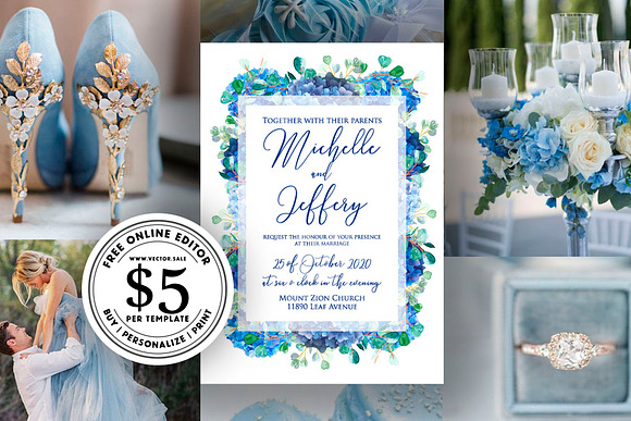 Wedding invitation blue hydrangea in Wedding Templates - product preview 9