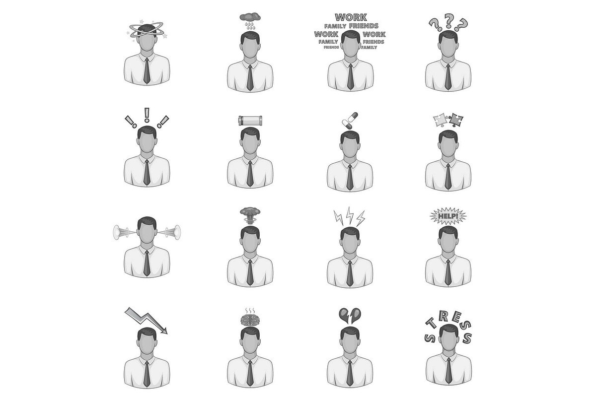 Stress icons set, monochrome style in Illustrations - product preview 8