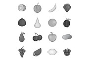 Fruit icons set, monochrome style