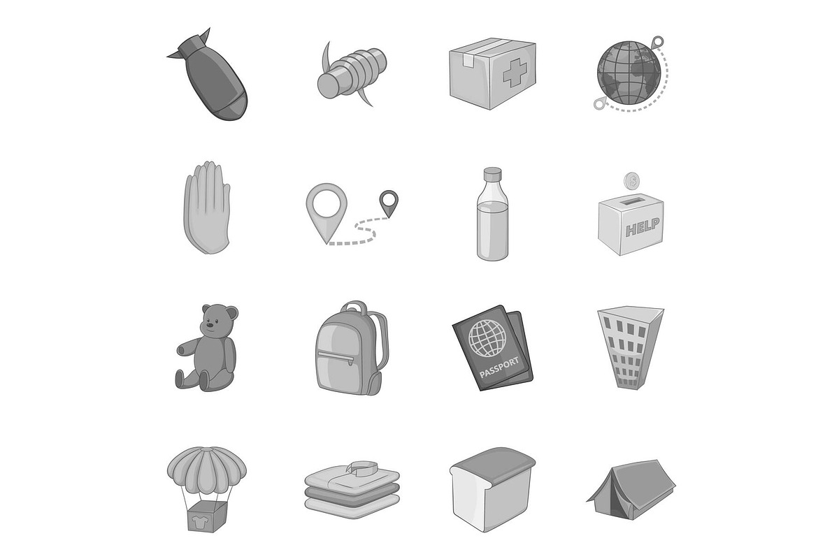Refugees icons set, monochrome style in Illustrations - product preview 8