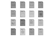 File extension icons set, monochrome