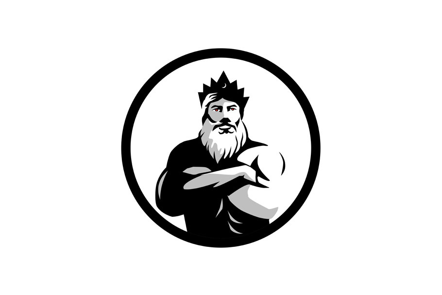 Bearded Man Wearing Crown Arms Cross
