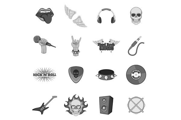 Rock music icons set monochrome