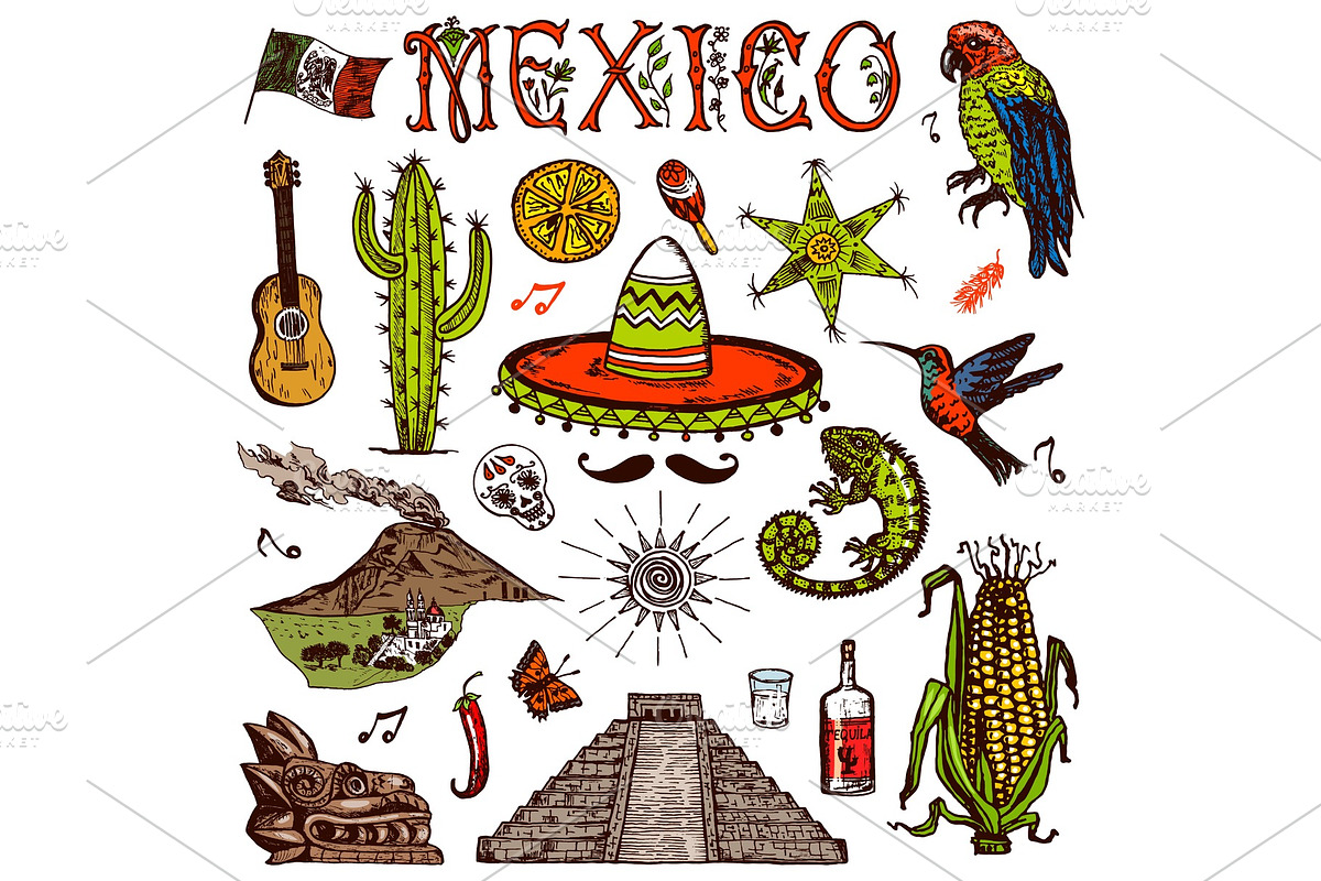 Mexico set in vintage style in Illustrations - product preview 8