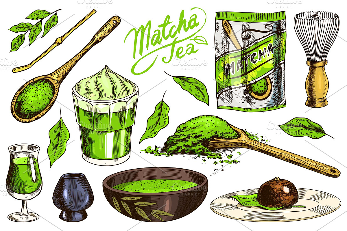Matcha green tea set. Organic in Illustrations - product preview 8