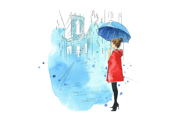 Watercolor Umbrellas illustration in Illustrations - product preview 1