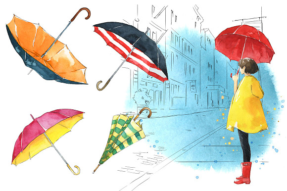 Watercolor Umbrellas illustration in Illustrations - product preview 5