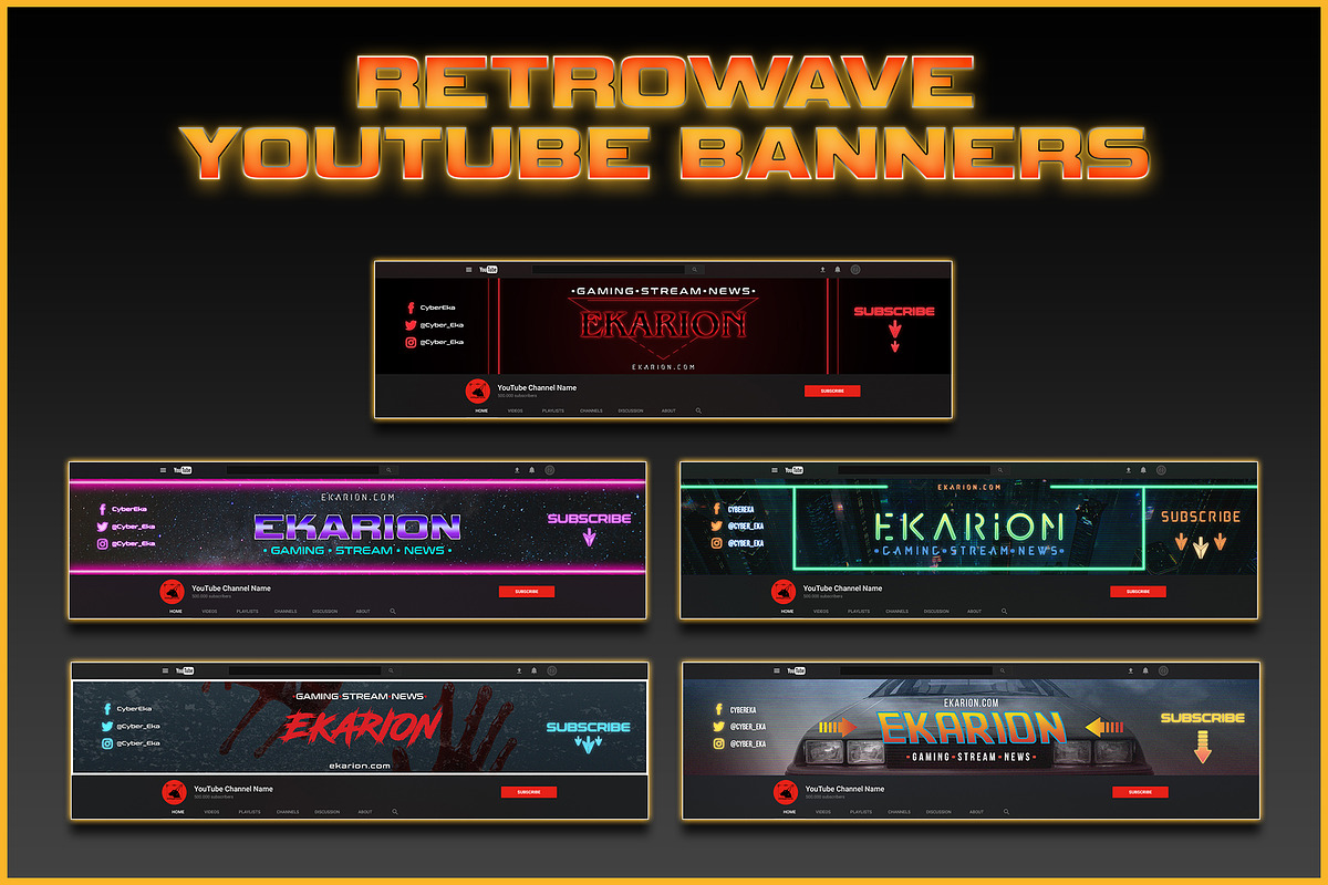 Retro-wave 80's YouTube Banner set in YouTube Templates - product preview 8