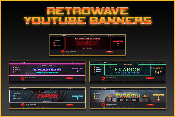 Retro-wave 80's YouTube Banner set in YouTube Templates - product preview 6