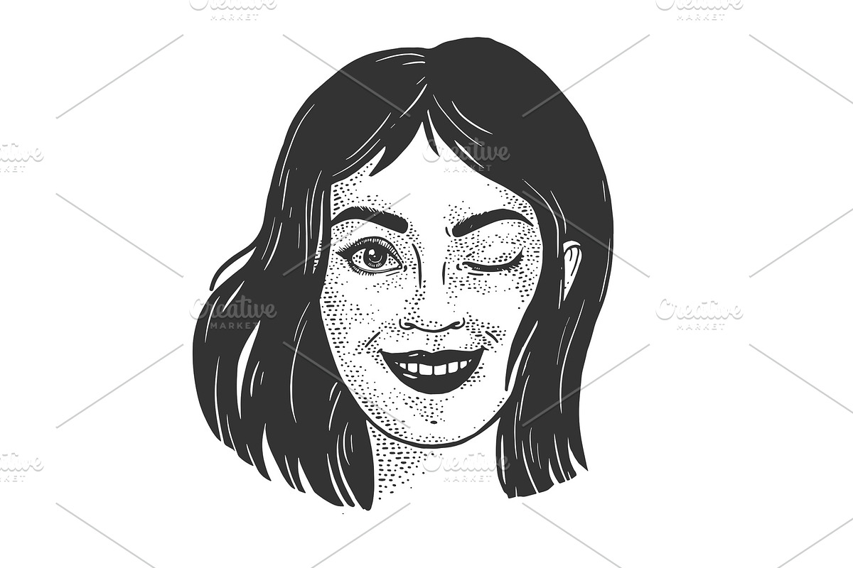 winking beautiful young woman sketch in Illustrations - product preview 8