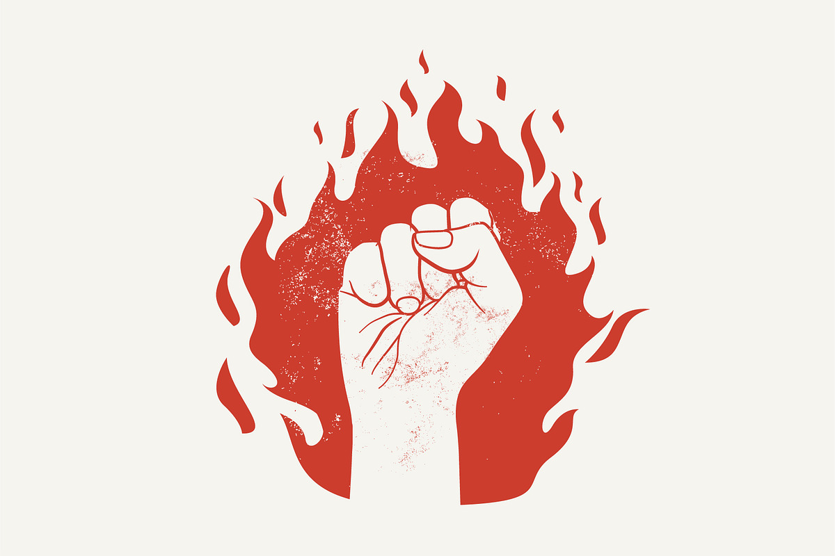 Raised up fist on red fire flame in Illustrations - product preview 8