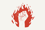 Raised up fist on red fire flame