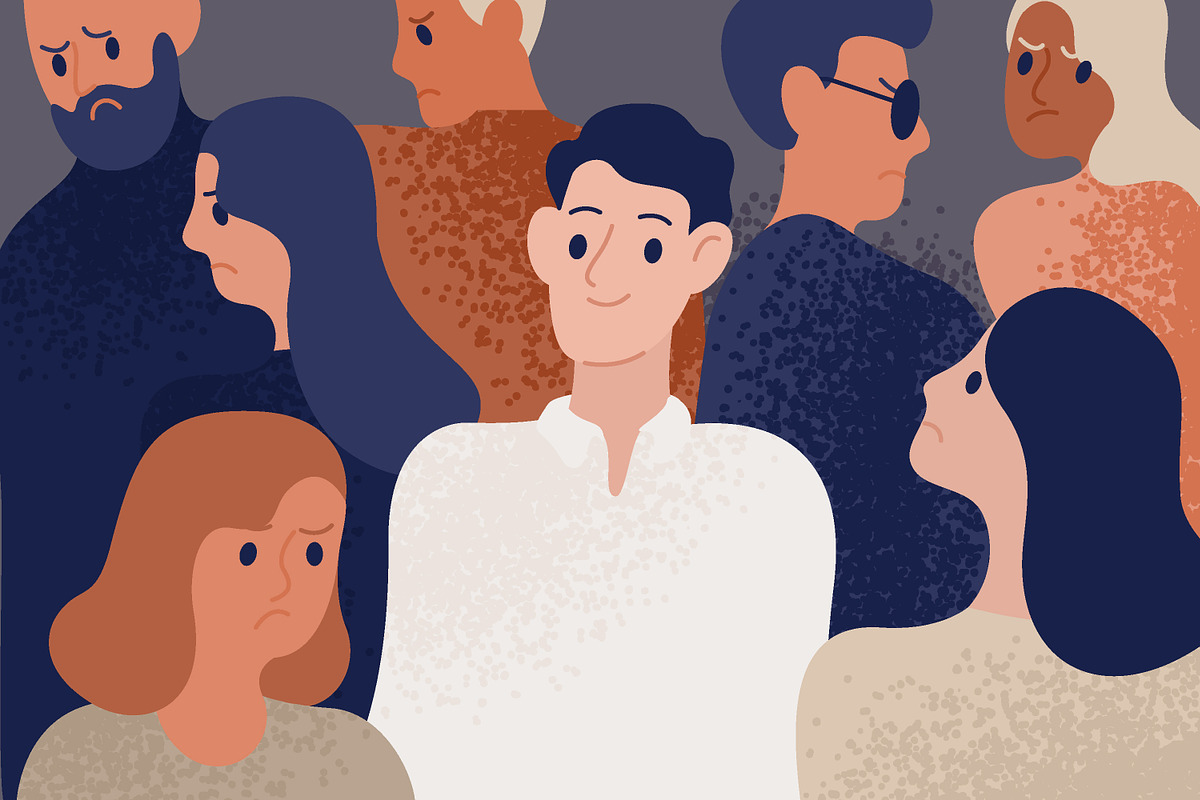 Happy person in crowd of sad people in Illustrations - product preview 8