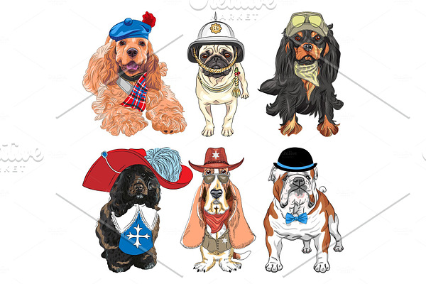 Vector Set hipster dogs in clothes