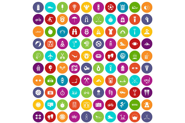 100 active life icons set color