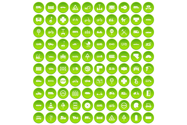100 road icons set green