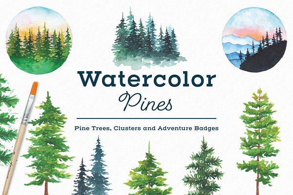 Watercolor Pine Tree Elements