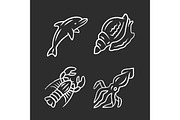 Ocean animals chalk icons set