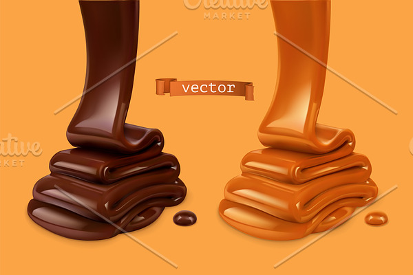 Melted chocolate and caramel, vector