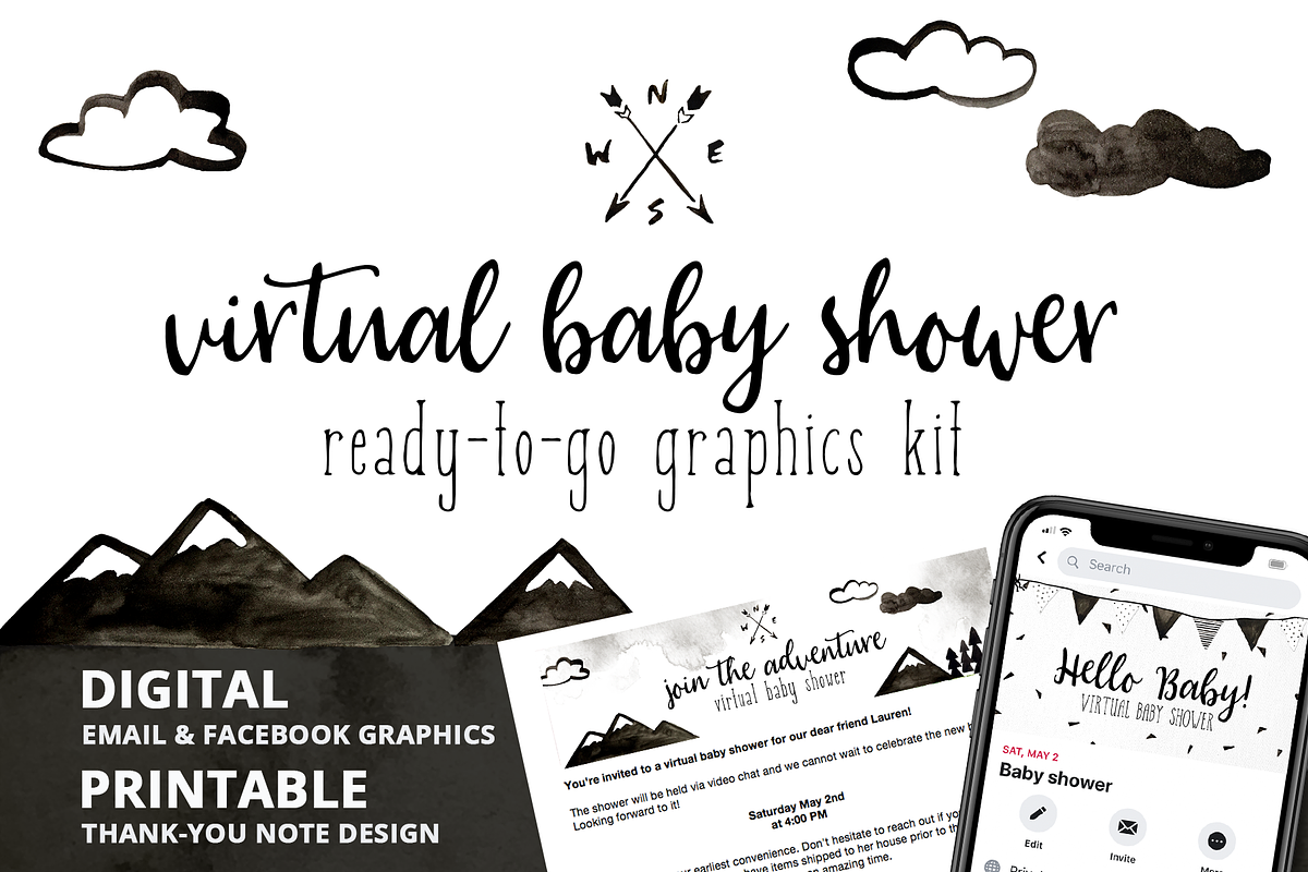 Virtual Shower Kit - Black & White in Card Templates - product preview 8