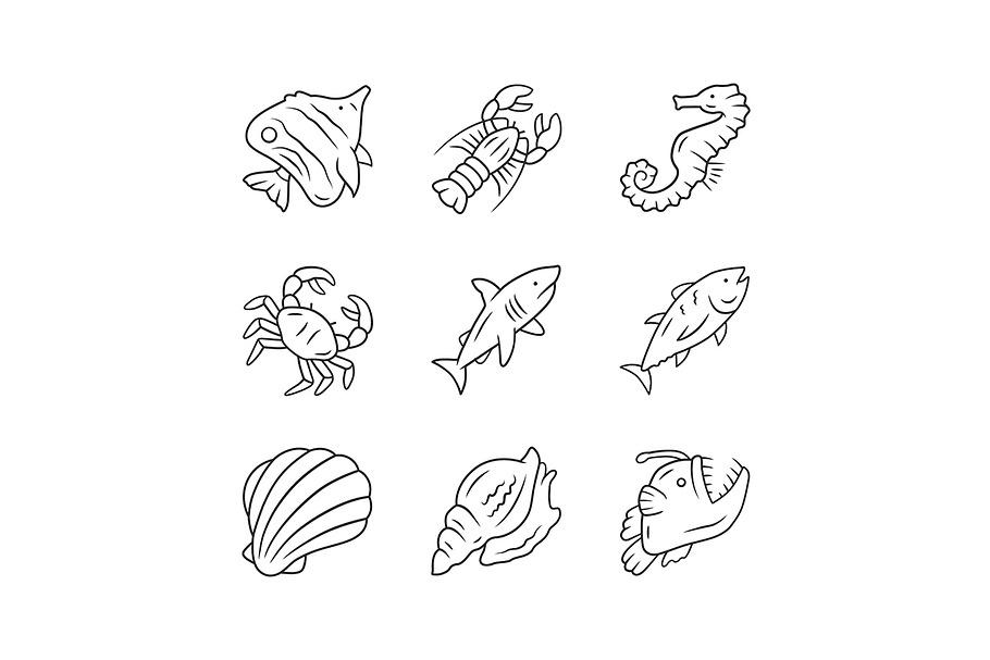 Marine animals linear icons set