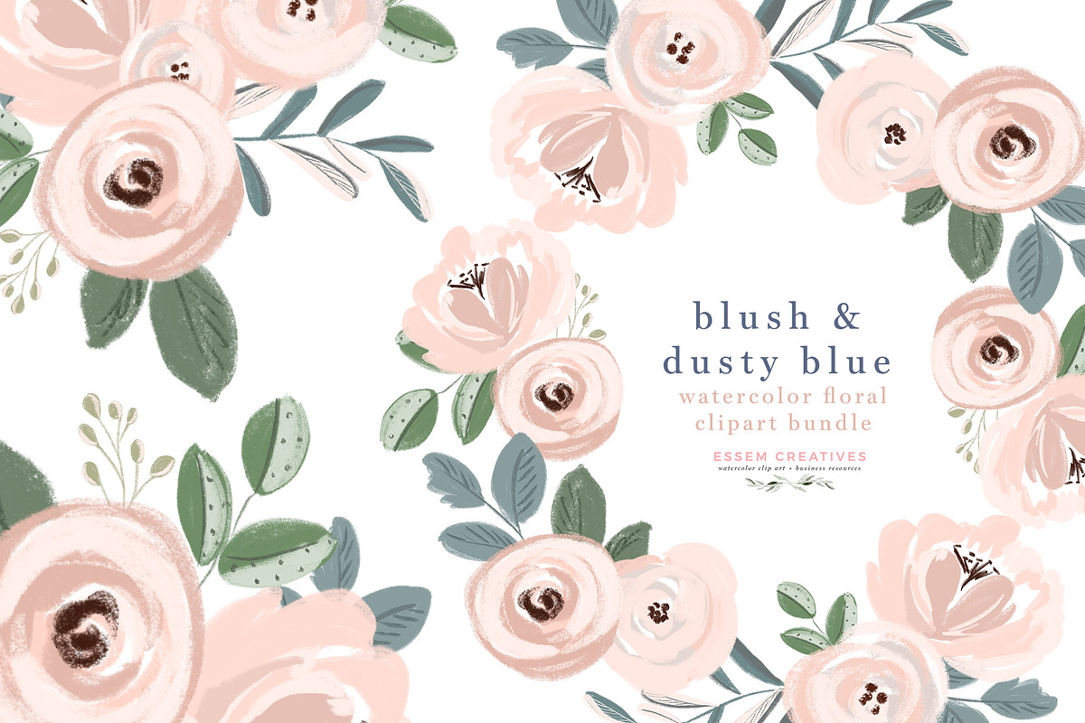 Blush Dusty Blue Watercolor Floral in Illustrations - product preview 8