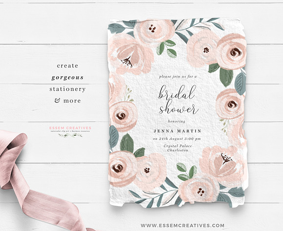 Blush Dusty Blue Watercolor Floral in Illustrations - product preview 1