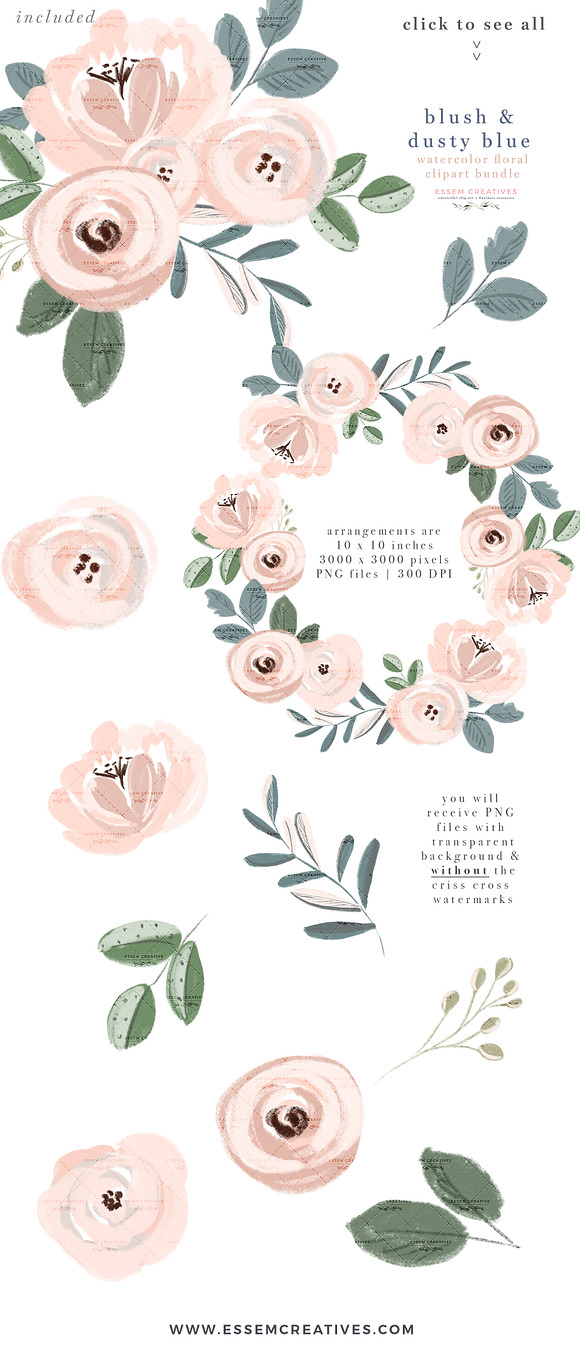 Blush Dusty Blue Watercolor Floral in Illustrations - product preview 3