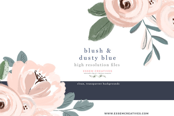 Blush Dusty Blue Watercolor Floral in Illustrations - product preview 4