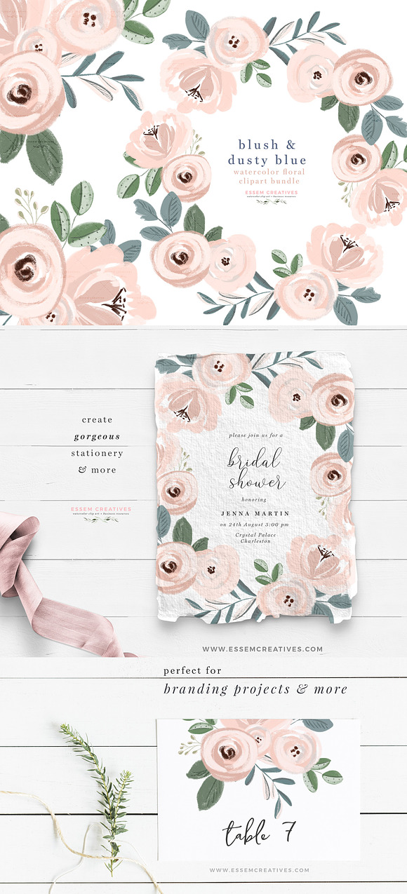 Blush Dusty Blue Watercolor Floral in Illustrations - product preview 5