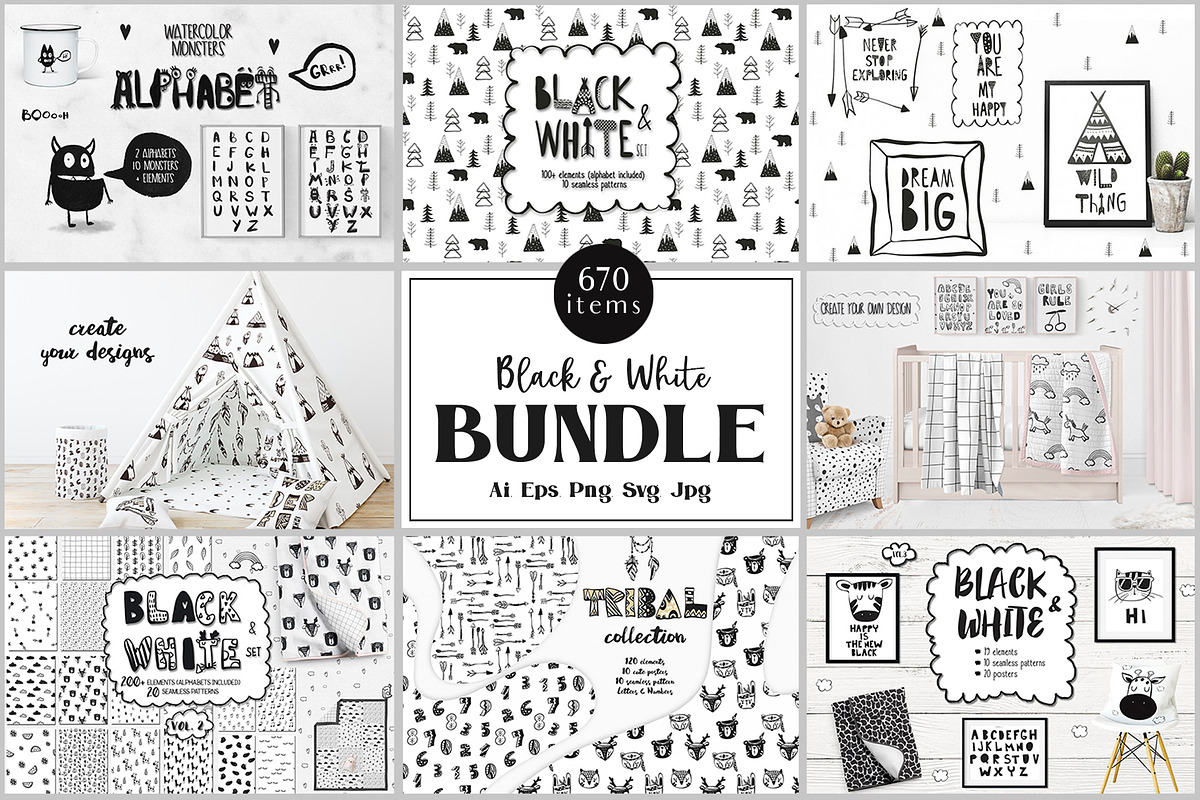 Black & White Kids Bundle in Illustrations - product preview 8