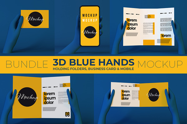 3D Blue Hands Bundle Mockup
