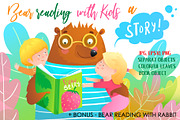 Bear reading book to kids cartoon