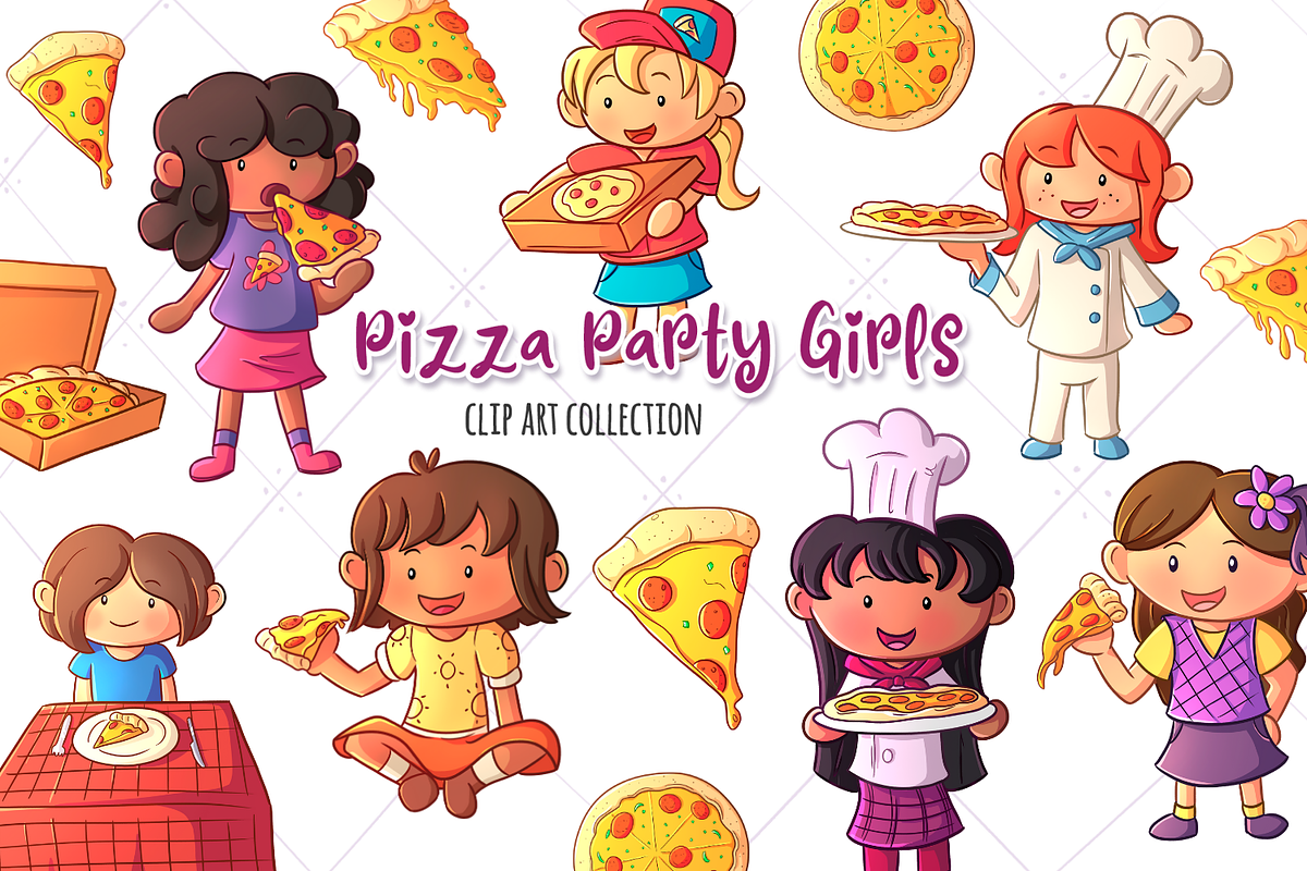 Pizza Party Girls Clip Art Collectio in Illustrations - product preview 8