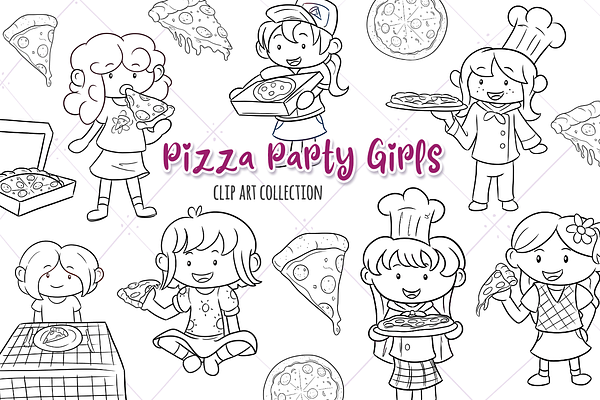 Pizza Party Girls Digital Stamps
