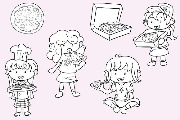 Pizza Party Girls Digital Stamps in Illustrations - product preview 1