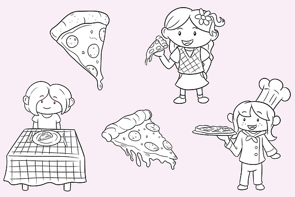 Pizza Party Girls Digital Stamps in Illustrations - product preview 2