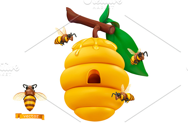 Honey, bees, beehive on tree branch