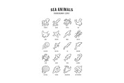 Sea animals linear icons set