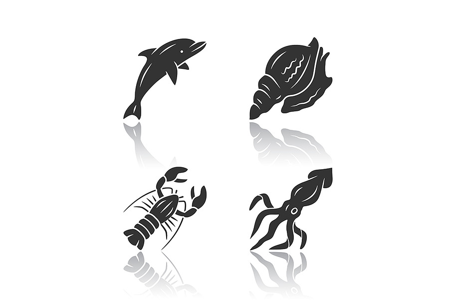 Ocean animals black glyph icons set