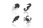Sea animals drop shadow glyph icons