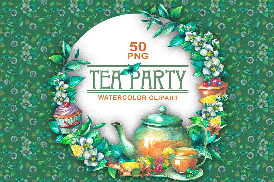 Tea Party Watercolor Clipart in Illustrations - product preview 8