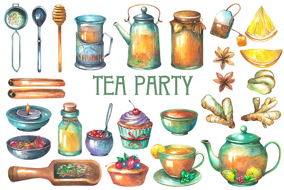 Tea Party Watercolor Clipart in Illustrations - product preview 4