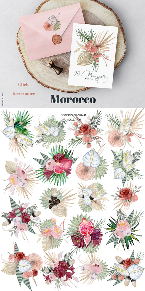 Morocco. Tropical. Watercolor tiles. in Illustrations - product preview 1