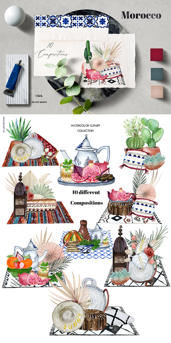 Morocco. Tropical. Watercolor tiles. in Illustrations - product preview 3