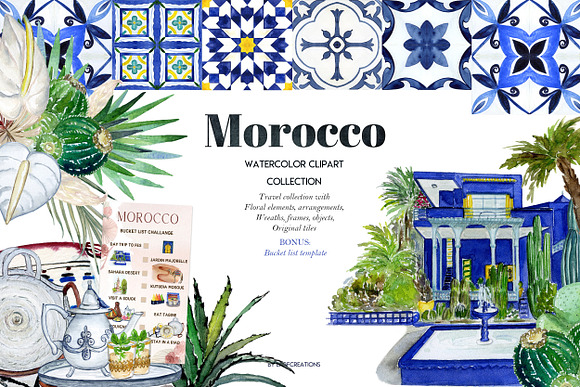 Morocco. Tropical. Watercolor tiles. in Illustrations - product preview 4